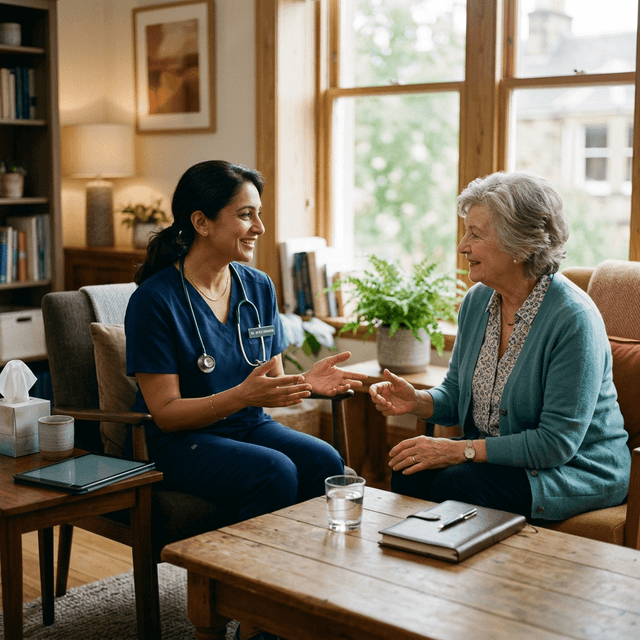 Doctora mostrando empatía sin usar pantallas