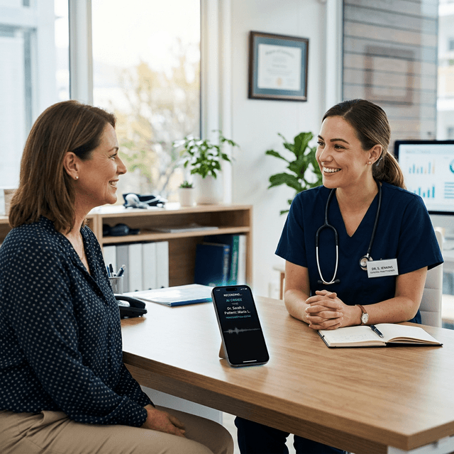 Doctora haciendo contacto visual con paciente mientras Darmexa graba